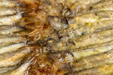 rows cooked hot capelin baked in sunflower oil in the oven, close up