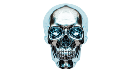 Metallic Skull with Blue Highlights on Black Background, cut out transparent