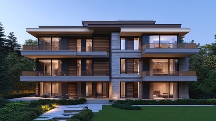 Contemporary apartment building with gray and wood accents showcases minimalist design and beautiful lighting amongst lush greenery