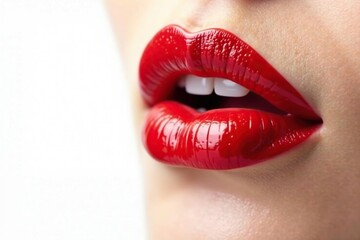 Obraz premium Close-up of vibrant red lipstick on pure white backdrop, matte, red lips