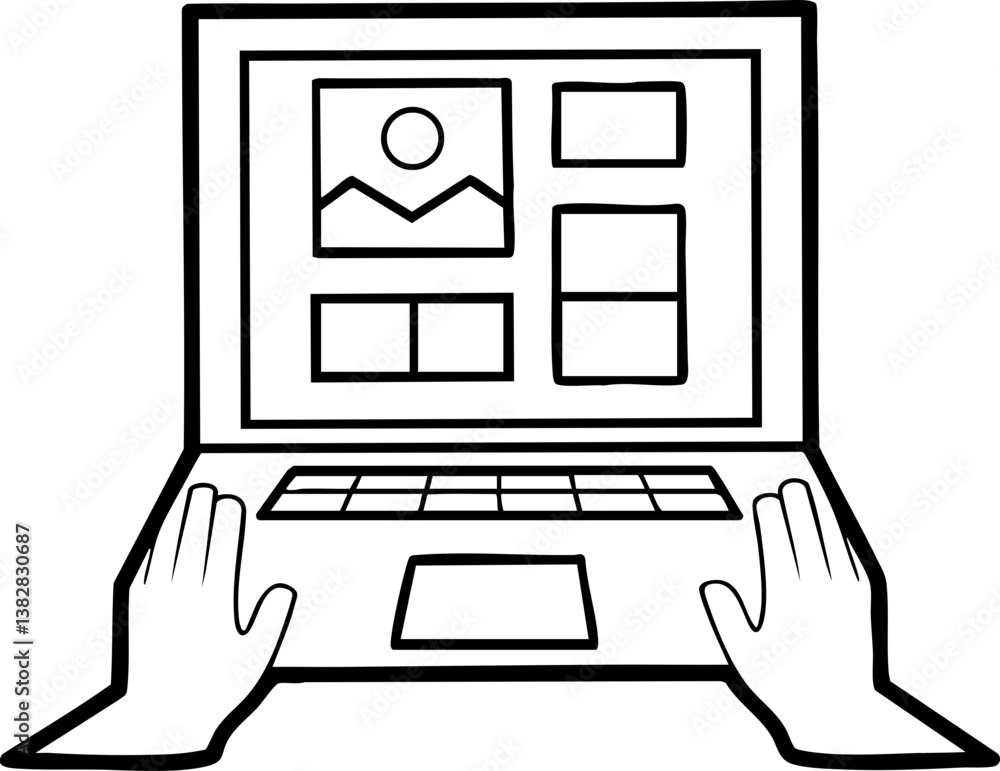 Poster a person is using a laptop, displaying images and various layout options on the screen with both han