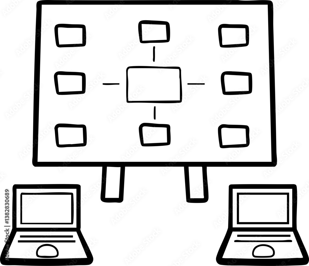 Aufkleber a simple illustration of a central board with connected laptops, representing a network or collabora