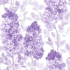 Seamless Pattern of Delicate Lilac Flowers and Soft Green Leaves on a Light Background