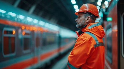 Worker in orange safety suit and hard hat stands next to train in busy railway station during evening hours