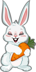 rabbit with carrot, Stylized cartoon gray rabbit sitting, holding a carrot