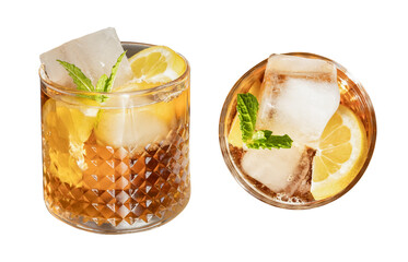 Close up a glass of sweet cocktail drink or homemade iced tea with mint and lemon sliced for summer...