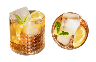 Close up a glass of sweet cocktail drink or homemade iced tea with mint and lemon sliced for summer refresh, clean isolated clipping path on white.