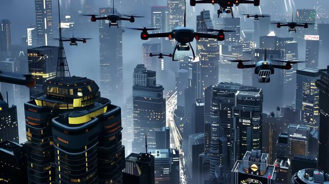 A swarm of drones hovers above a vibrant metropolis at twilight, casting lights over tall, illuminated skyscrapers amidst a rainy atmosphere.
