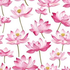 Seamless Pattern of Pink Lotus Flowers on White Background with Detailed Petals and Green Stems
