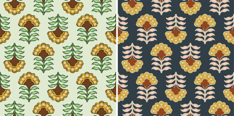 Multicolor Ajrakh Damask Floral Kalamkari Block Print Repeat Vector Pattern