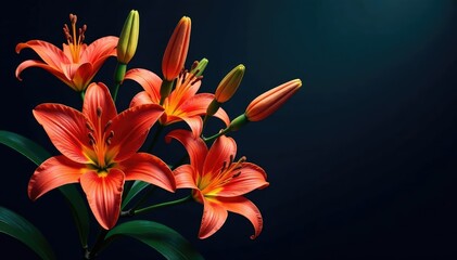 Obraz premium Bold, stylized lilies cascade across a dark background , petal, dramatic, flower