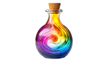 Fantasy potion in a glass bottle swirling with colors