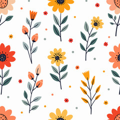 Seamless pattern with flowers, Floral colorful seamless Pattern. Hand drawn Flowers and branches in Scandinavian style