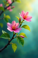 Fototapeta premium Branch with leaves and flowers on pure surface, colorful, tree branch