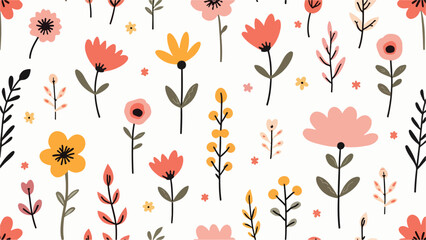 Seamless pattern with tulips, seamless floral pattern, Floral colorful seamless Pattern. Hand drawn Flowers and branches in Scandinavian style