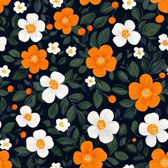 Vibrant Seamless Floral Pattern Featuring Orange and White Flowers With Green Leaves on Dark Background