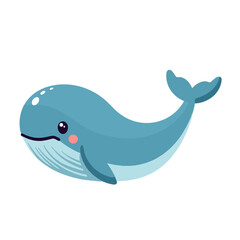 Obraz premium Cute cartoon whale swimming in a light blue ocean background 