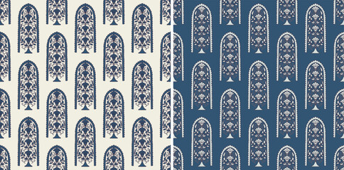 Premium Traditional Blue Floral Damask Block Print Repeat Vector Pattern