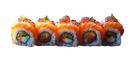 Salmon Sushi Roll: A visually appealing, close-up shot of a classic sushi roll. Featuring salmon slices, fresh avocado, and a touch of masago, it exudes vibrant color and appetizing textures.