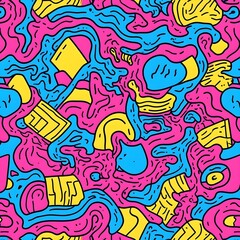 Retro 80s Seamless Pattern with Neon Geometric Shapes, Squiggles, Memphis-Style Elements, and Vibrant Colors

