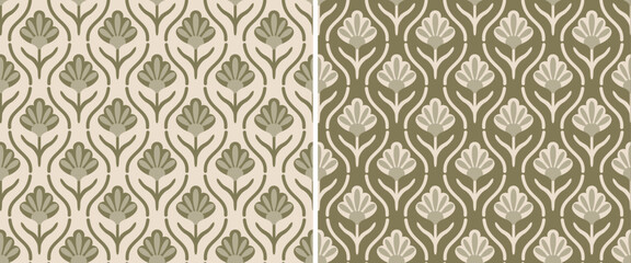 Handcrafted Ajrakh Green Leaves with Curves Block Print Repeat Vector Pattern