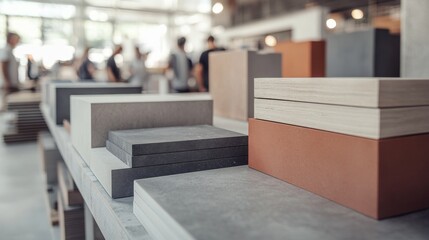 A professional event features a table with notebooks, brochures, and printing materials, with attendees present in the background