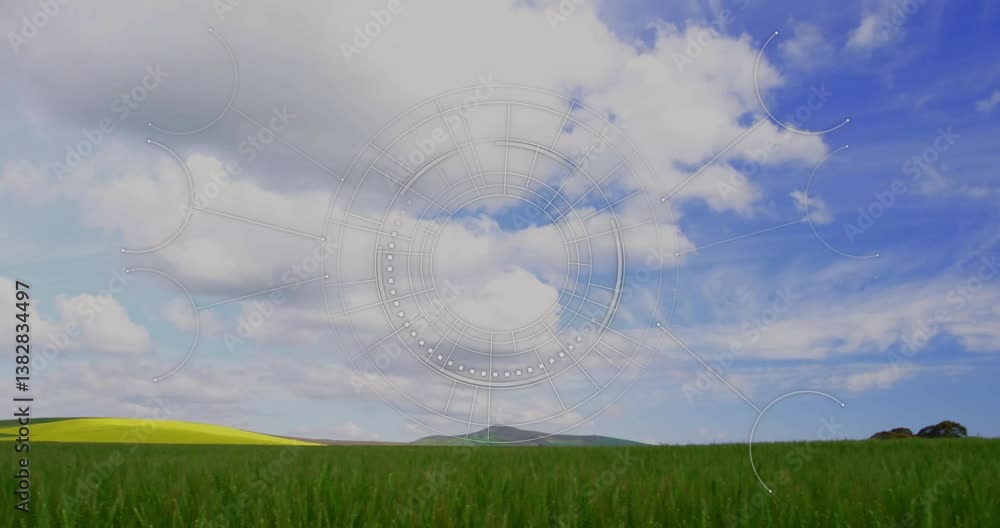Poster circular digital interface animation over green field and blue sky with clouds