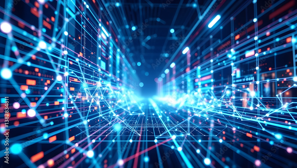 Poster dynamic digital network with light streams, showcasing a modern interconnected technology.