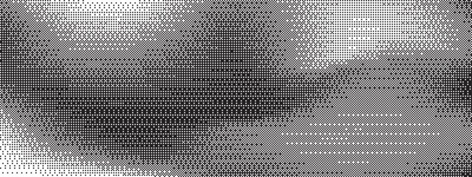 Black and white gradient vector background with abstract texture. Glitch effect and noise, featuring a pixelated pattern and bitmap distortion for a futuristic, monochrome look.