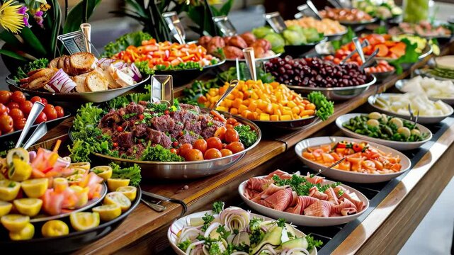 The table showcases a colorful array of fresh fruits, vegetables, and meats, providing a delightful feast for guests at a lively daytime event.