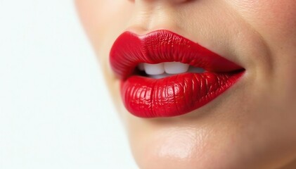 Close-up vibrant red lipstick, stark white backdrop, professional photography, beauty product