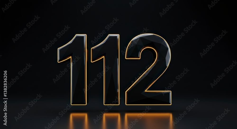 Poster display of number one hundred twelve with glowing yellow outline and reflection