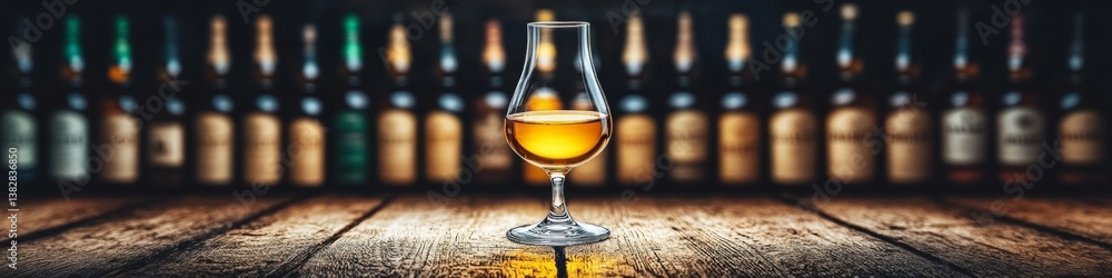 Poster snifter of golden whiskey awaits on rustic table with array of bottles in atmospheric setting