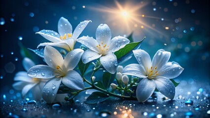 Night Blooming Jasmine Flowers, Dark Background, Moonlight, Closeup, Petals, Dew Drops