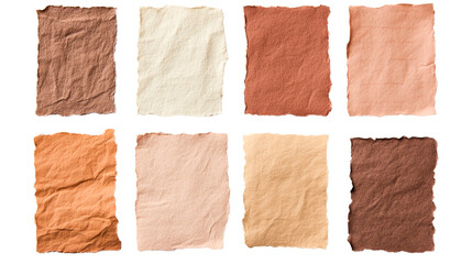 Variety of handmade paper scraps, earthy tones, backdrop, cut out transparent