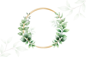 Watercolor green leaves wreath with gold circle