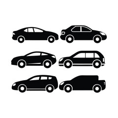  A set of black car icons and silhouettes vector illustration depicts various automobile transportation vehicles like sedan, truck, and van