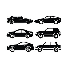  A set of black car icons and silhouettes vector illustration depicts various automobile transportation vehicles like sedan, truck, and van
