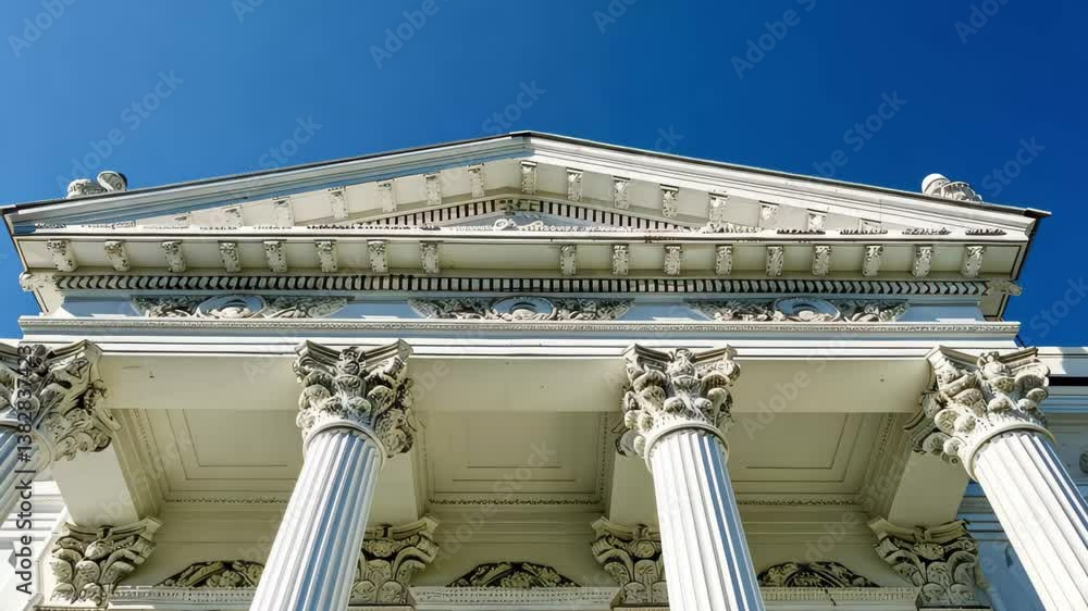 Poster the intricate architecture of a grand historic building, featuring towering columns and elaborate de