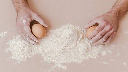Fototapeta premium Hands with flour holding eggs on neutral background