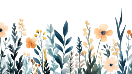 Watercolor floral border with peach flowers and blue leaves, cut out transparent