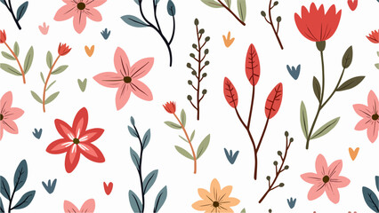 Seamless floral pattern,  Hand drawn Flowers and branches in Scandinavian style. Cute Spring summer plants botanical Background