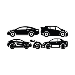 Fototapeta premium A set of black car icons and silhouettes vector illustration depicts various automobile transportation vehicles like sedan, truck, and van
