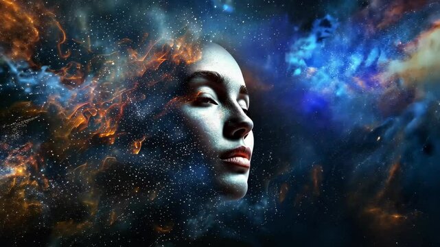A tranquil female profile melds with a colorful cosmic backdrop filled with stars and galaxies, illustrating a connection between humanity and the universe.