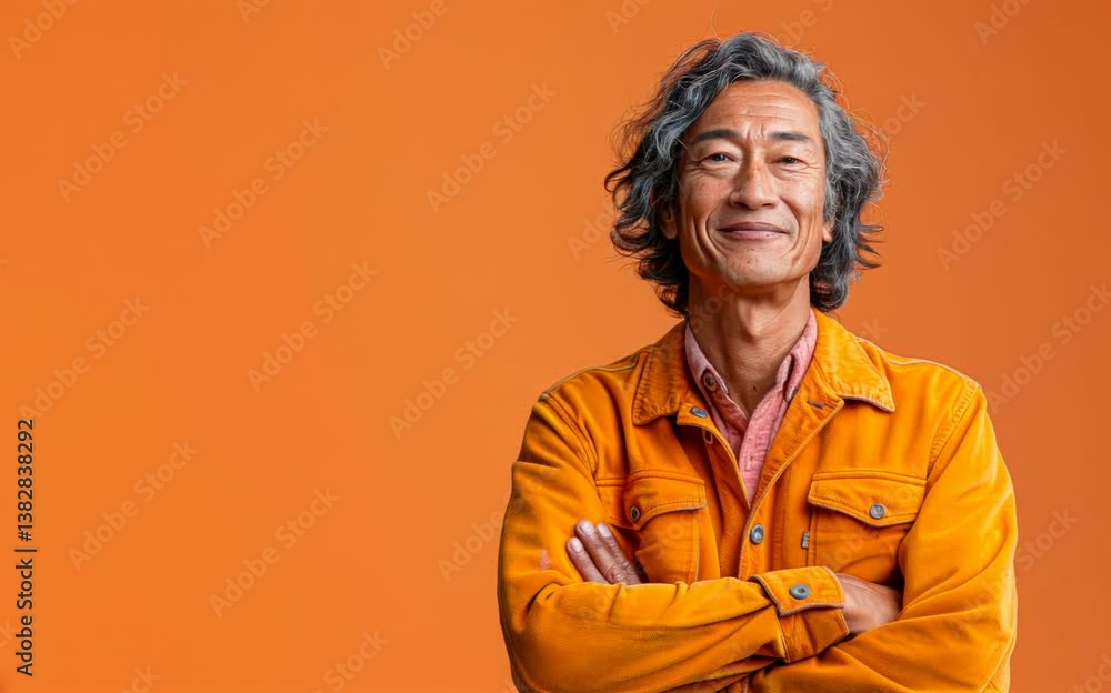 Aufkleber a man in a yellow jacket is smiling and looking at the camera. he is wearing a jacket with a button-