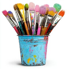 Fototapeta premium Colorful Paintbrushes in a Rustic Blue Container