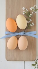 Fototapeta premium Top view of four naturally dyed Easter eggs and blossom twig on wooden board with blue ribbon