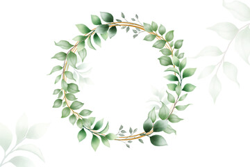 Watercolor green leaves wreath with gold circle