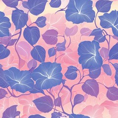 Vibrant Floral Seamless Pattern Featuring Blue Leaves on a Pastel Gradient Background