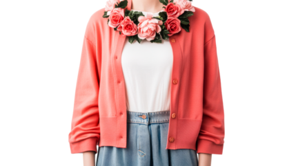 Woman in cardigan with floral necklace, studio shot, cut out transparent
